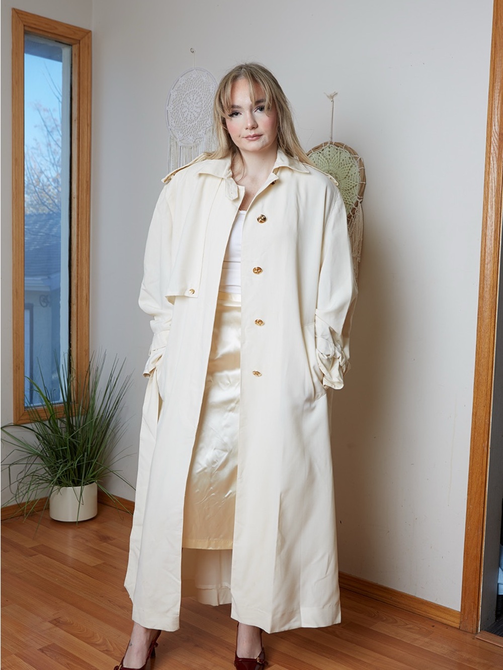 Peter Nygard Vintage 80s Cream Long Trench Coat 6